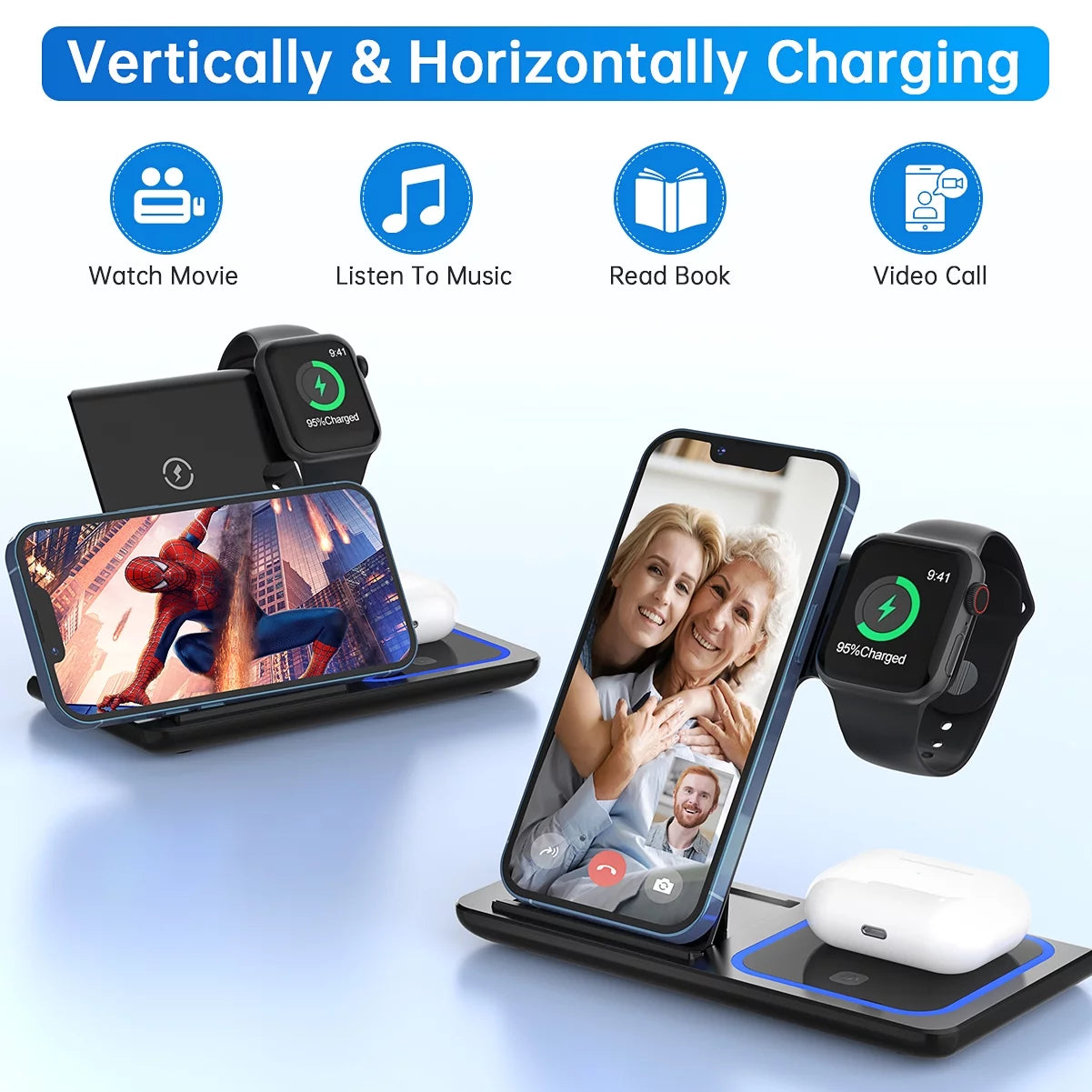 Wireless Charger, 18W Fast Iphone Charging Station for Iphone 16/15/14/13/12/11/Pro Max/Plus, 3 in 1 Wireless Charging Stand for Iwatch SE 10/9/8/7/6/5/4/3, Airpods Pro/3/2