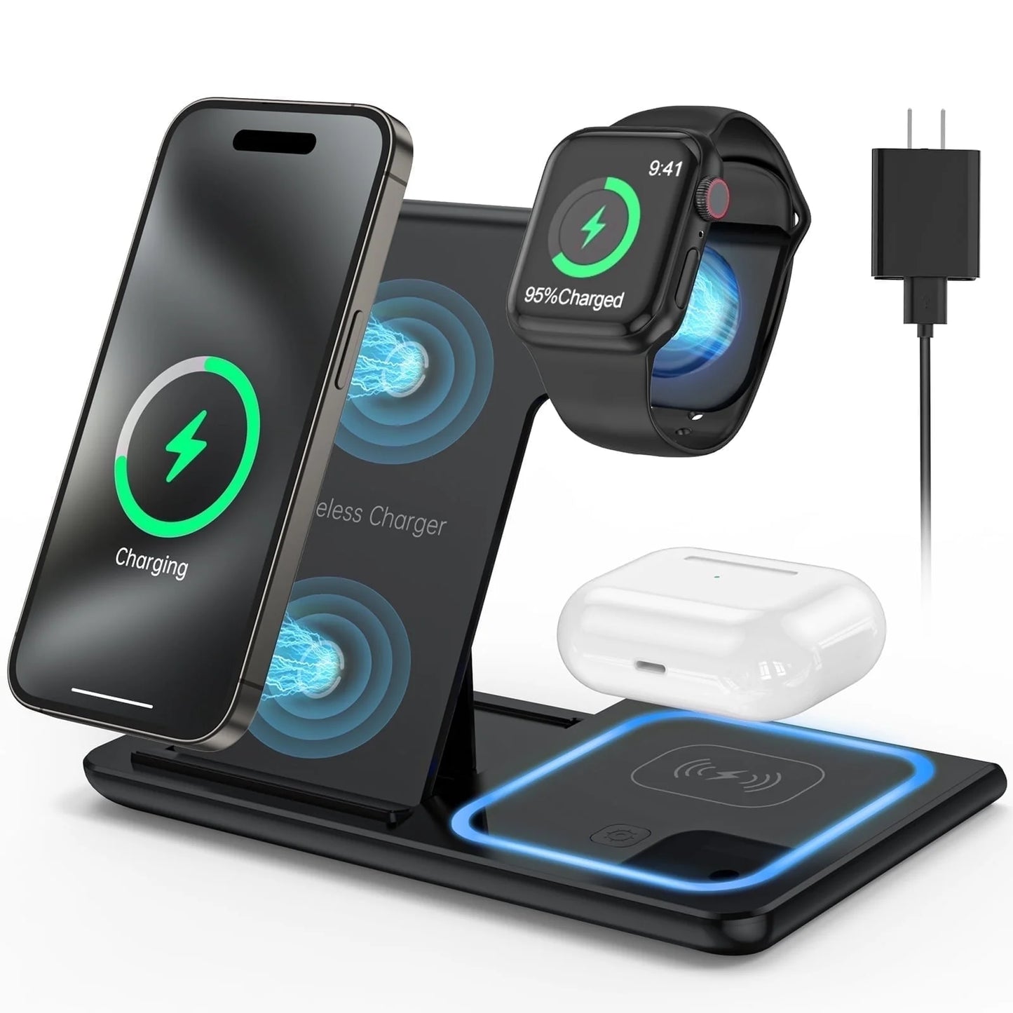 Wireless Charger, 18W Fast Iphone Charging Station for Iphone 16/15/14/13/12/11/Pro Max/Plus, 3 in 1 Wireless Charging Stand for Iwatch SE 10/9/8/7/6/5/4/3, Airpods Pro/3/2