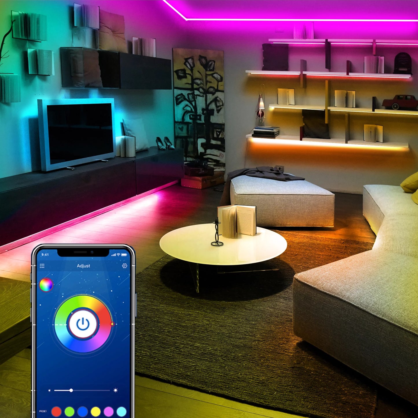 (2 Pack) 50Ft Bluetooth LED Strip Lights,Color Changing Music Sync with Remote Control,Timer Schedule,Led Lights for Room,Bedroom(App+Remote +Mic)