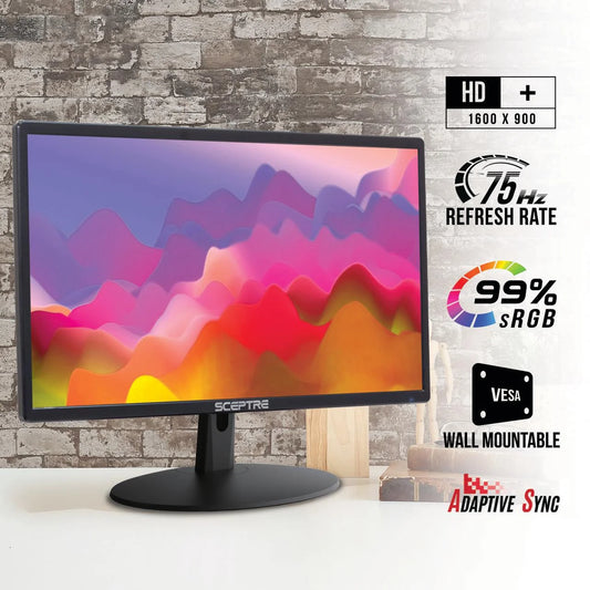 - LED Monitor - 20" (19.5" Viewable) - 1600 X 900 HD+ @ 75 Hz - TN - 250 Cd/M - 3000:1 - 3 Ms - HDMI, VGA - Speakers - Black