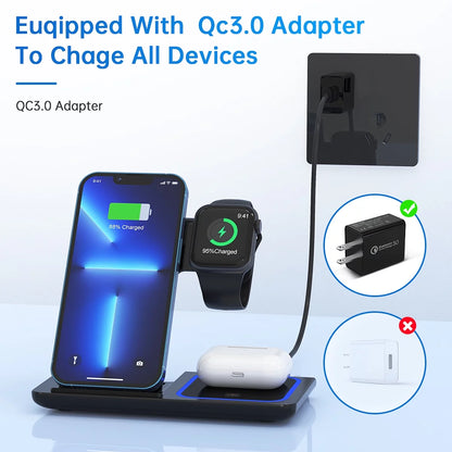 Wireless Charger,  18W Fast Iphone Charging Station for Iphone 16/15/14/13/12/11/Pro Max/Plus, 3 in 1 Wireless Charging Stand for Iwatch SE 10/9/8/7/6/5/4/3, Airpods Pro/3/2