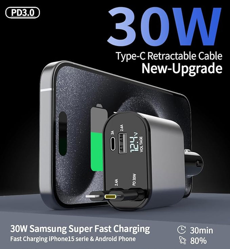 TIKTOK SHOP Retractable Car Charger, 4 in 1 Fast Car Phone Charger 66W, Retractable Cables and USB Car Charger,Compatible with Iphone 15/14/13/12/11,Galaxy,Pixel